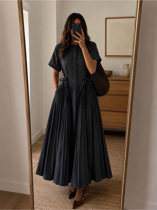 Kobi Halperin Dresses & Skirts - Kobi Halperin Designer Pleated Belted Midi Shirt Dress Black Size S Brand New